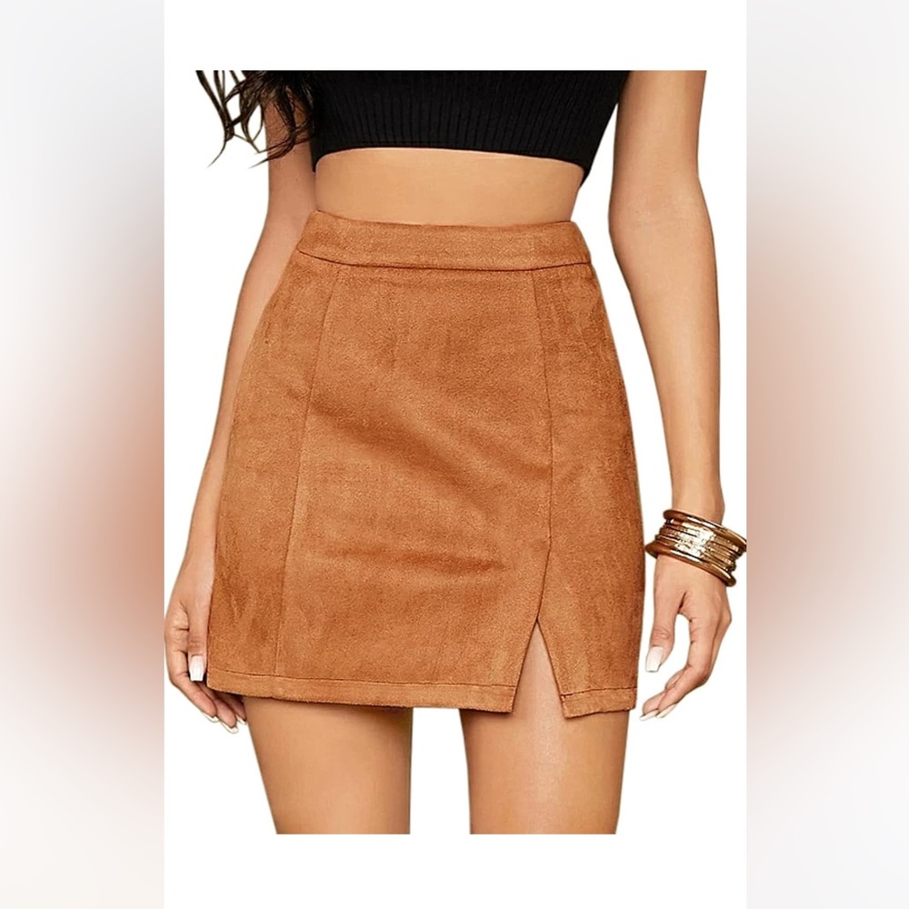 Amazon brand ioiom Women's Faux Suede High Waist A-line Split Mini Skirt